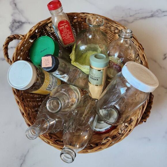 Woven wicker round basket handles various clear glass bottles vintage spice pine - Picture 1 of 11
